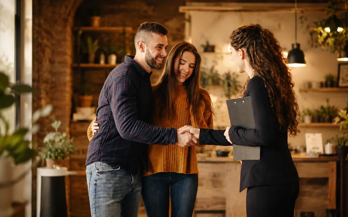 Happy returning customers shaking hands with a business owner
